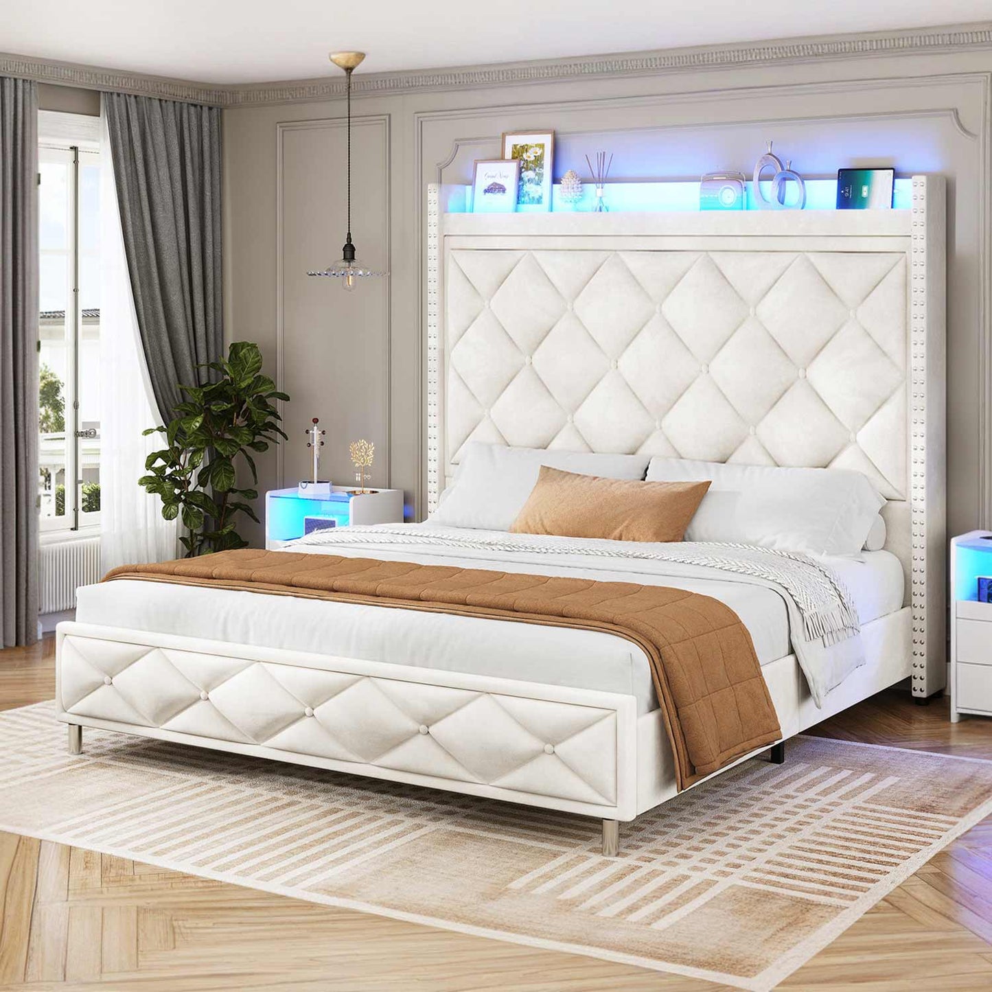 Velvet Upholstered LED Bed Frame with Tall Headboard Beige