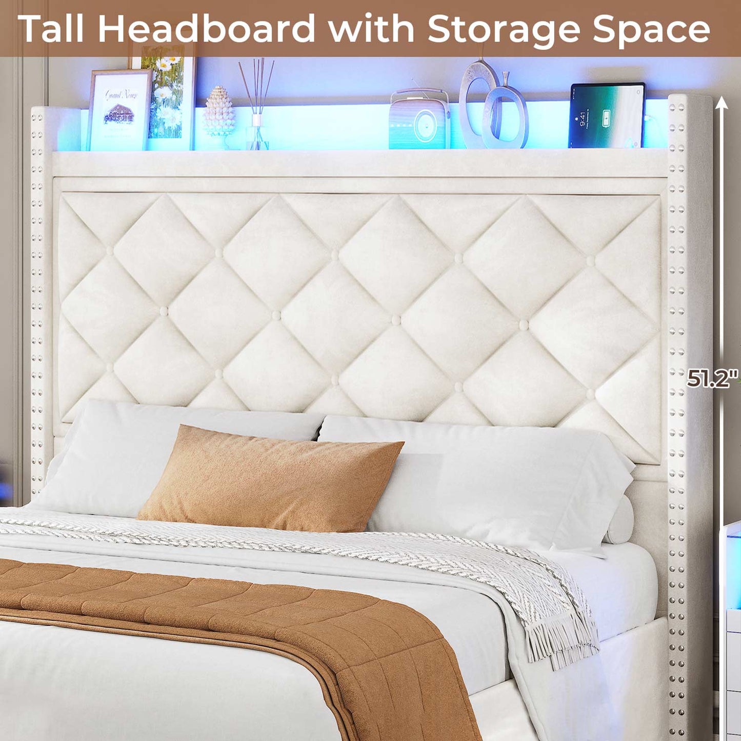 Velvet Upholstered LED Bed Frame with Tall Headboard Beige