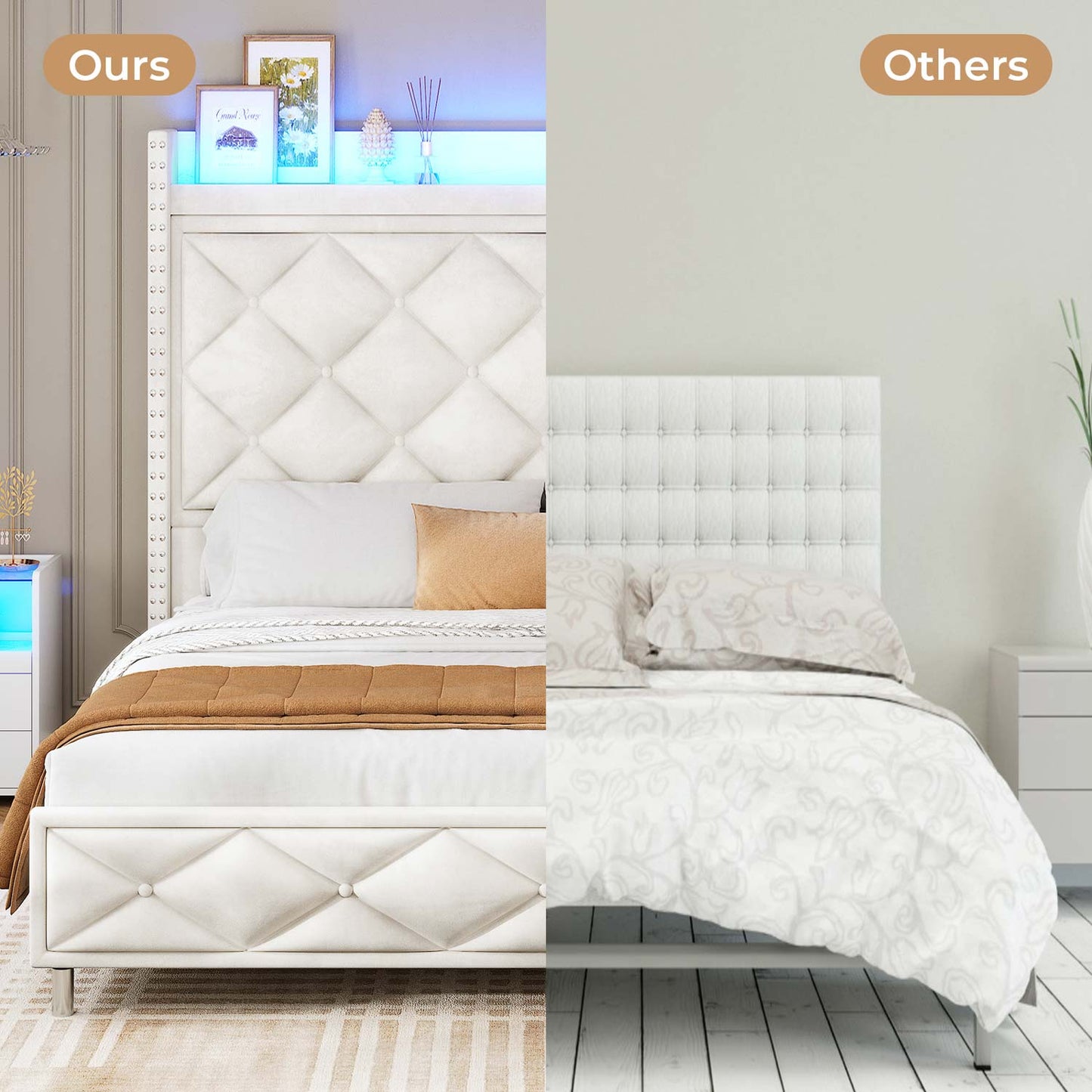 Velvet Upholstered LED Bed Frame with Tall Headboard Beige