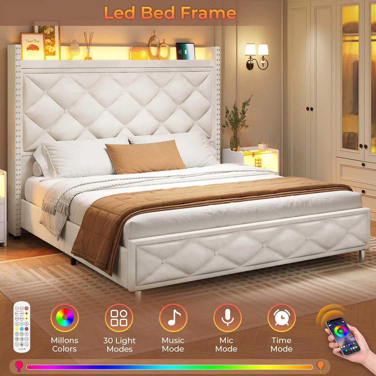 Velvet Upholstered LED Bed Frame with Tall Headboard Beige