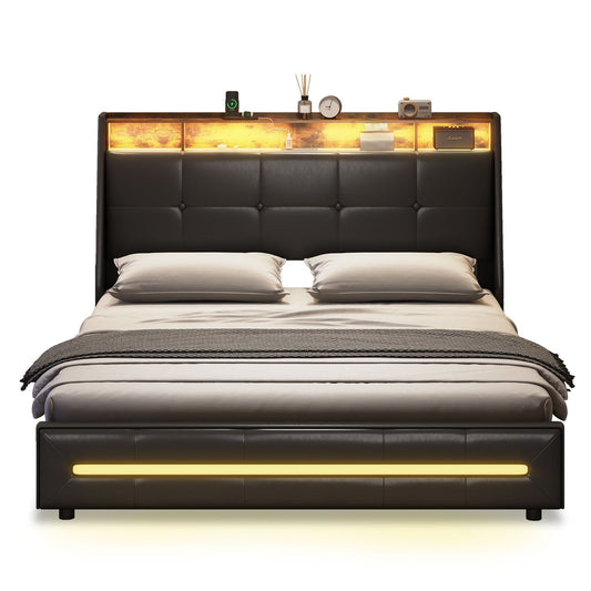 LED Bed Frame with 4 Under Bed Storage Drawers Black