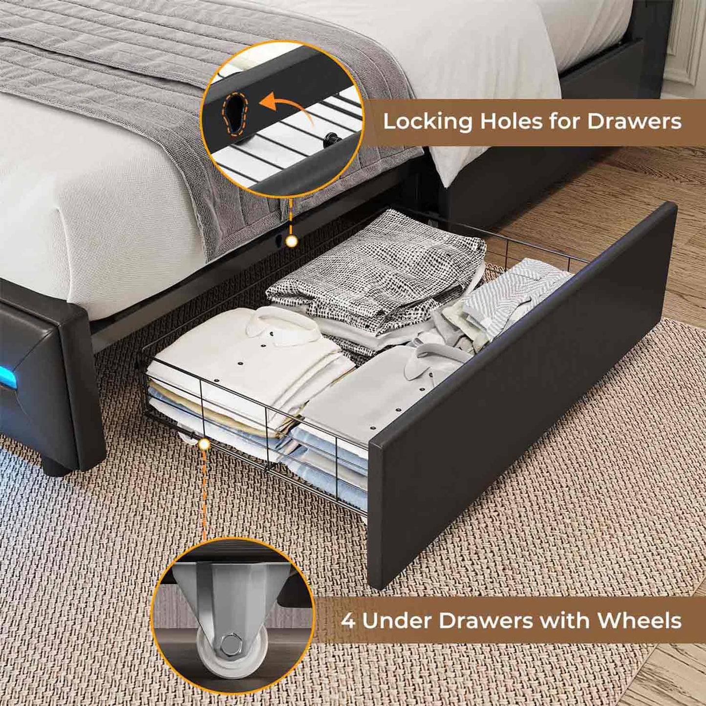 LED Bed Frame with 4 Under Bed Storage Drawers Black