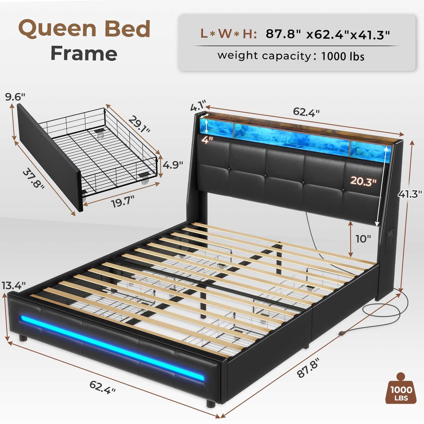 LED Bed Frame with 4 Under Bed Storage Drawers Black