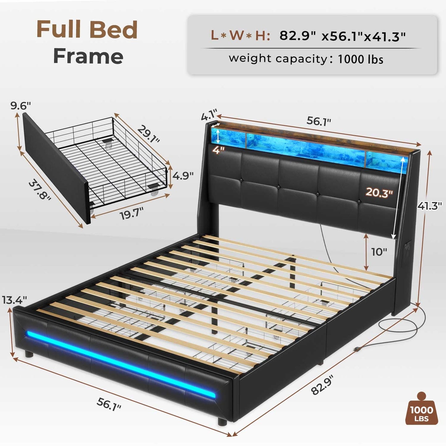 LED Bed Frame with 4 Under Bed Storage Drawers Black