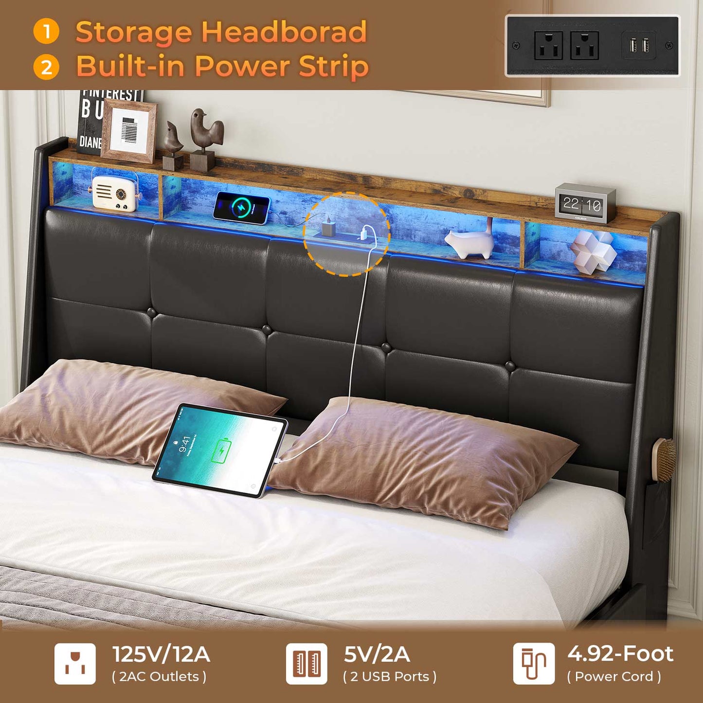 LED Bed Frame with 4 Under Bed Storage Drawers Black