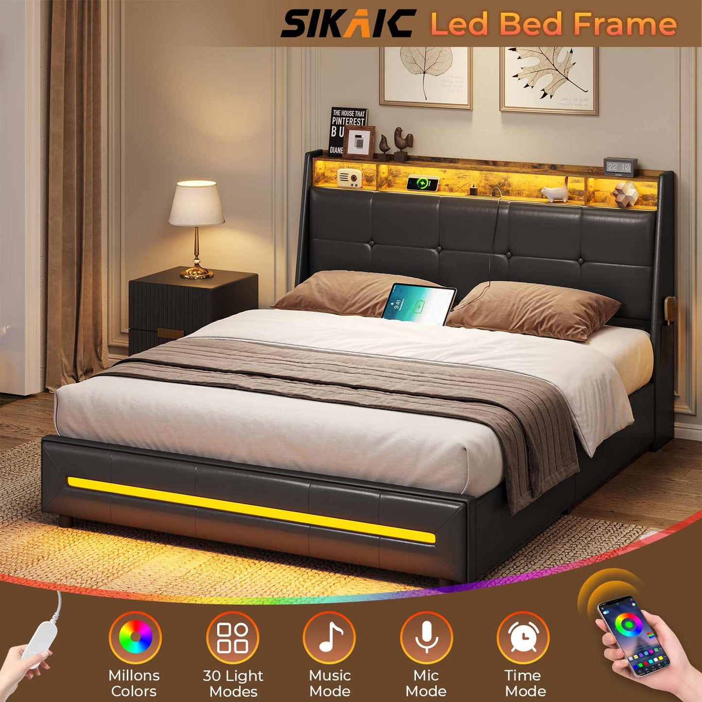 LED Bed Frame with 4 Under Bed Storage Drawers Black