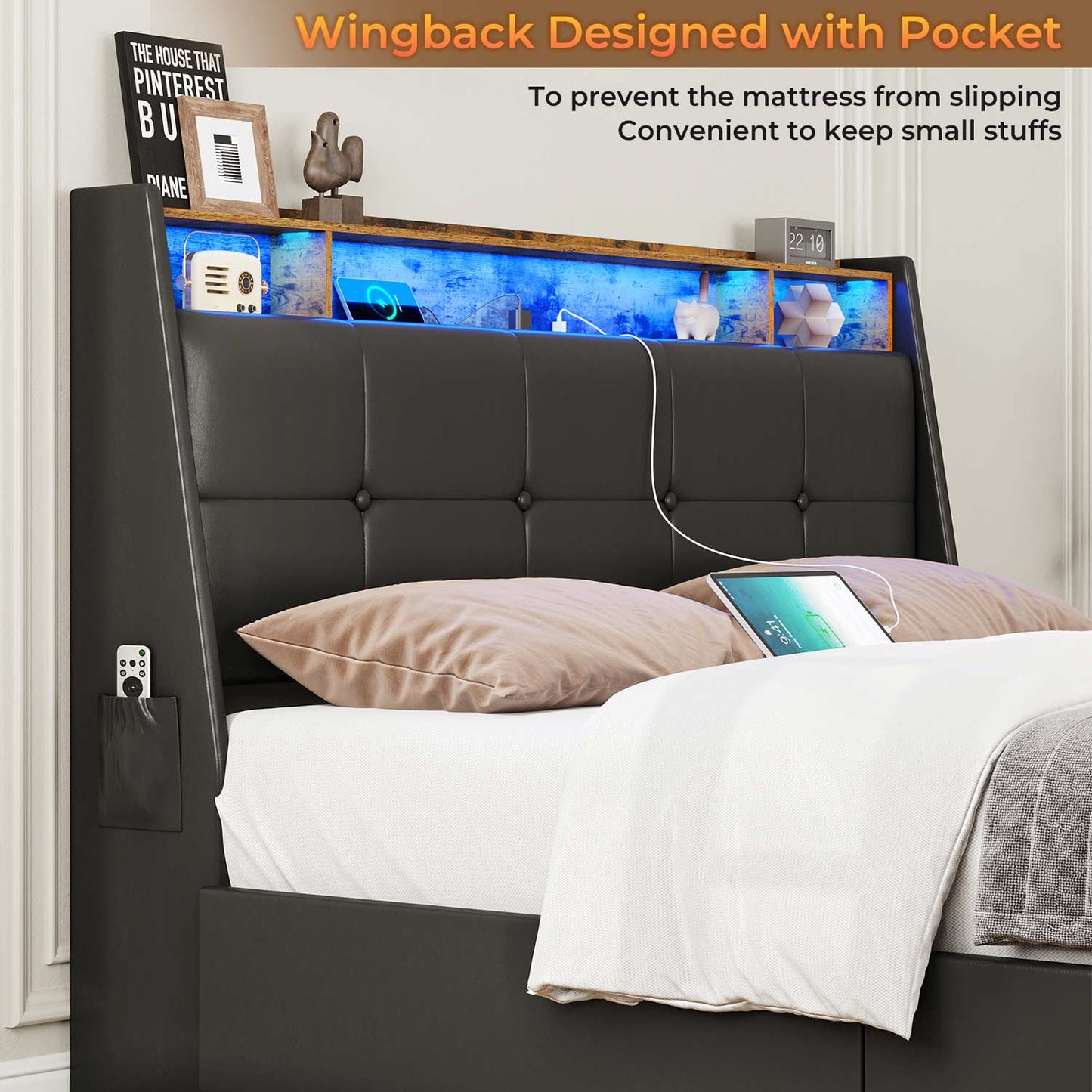 LED Bed Frame with 4 Under Bed Storage Drawers Black
