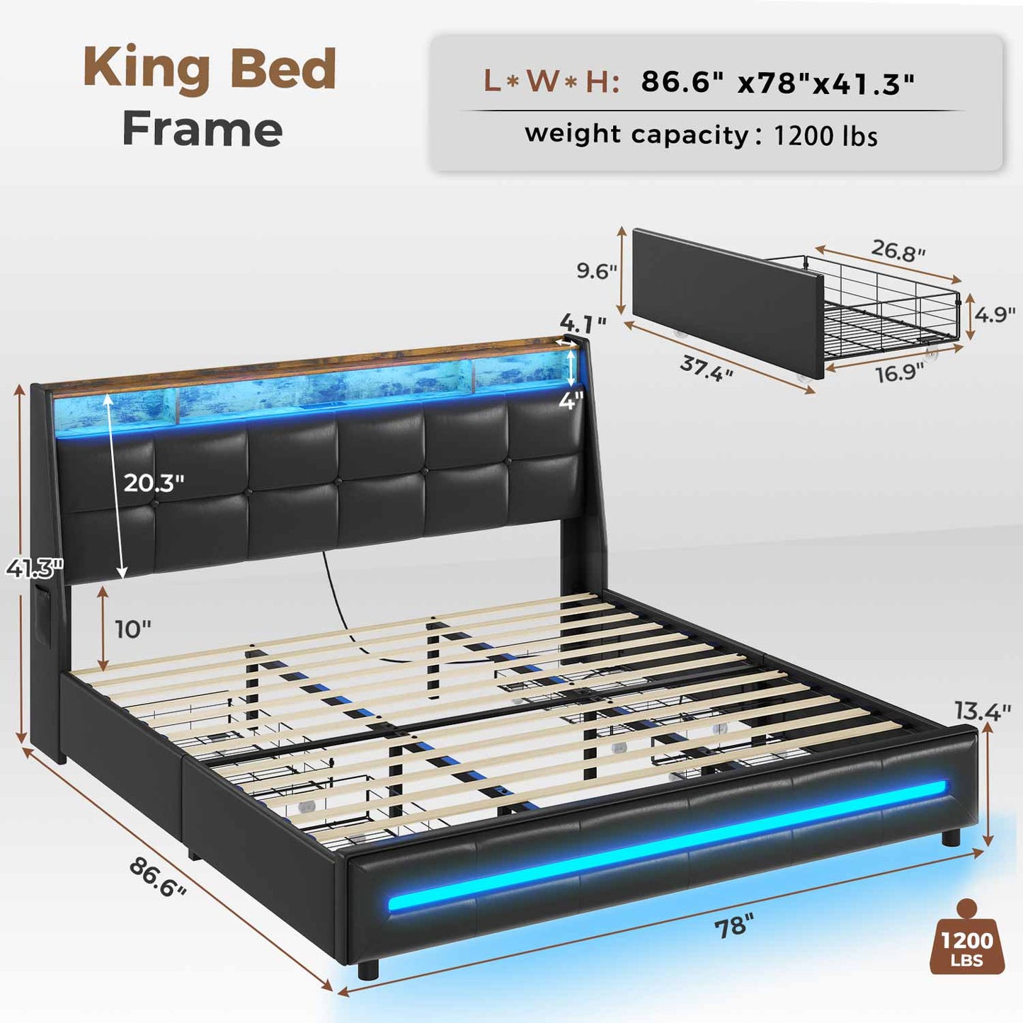 LED Bed Frame with 4 Under Bed Storage Drawers Black