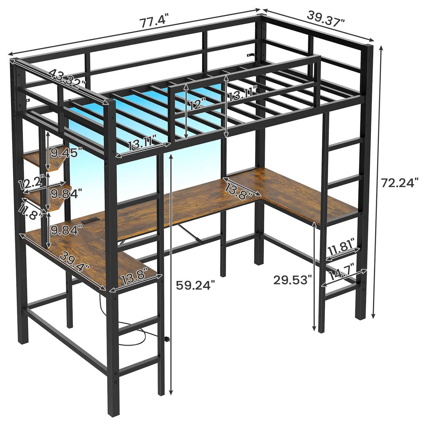 LED Twin Size Metal Loft Bed Frame with U Shaped Desk Black