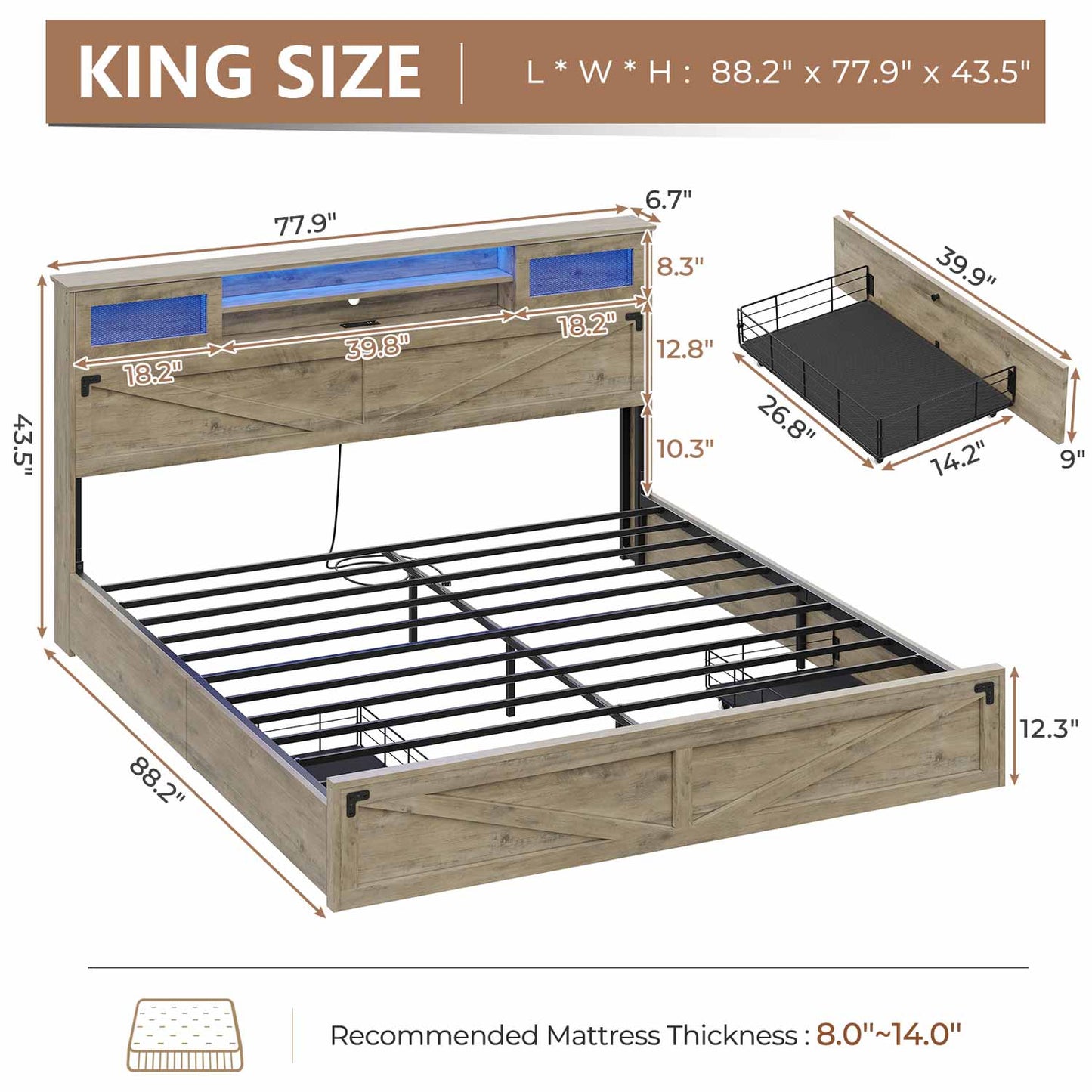 LED Bed Frame with 2 Under Bed Storage Drawers Rustic Oak