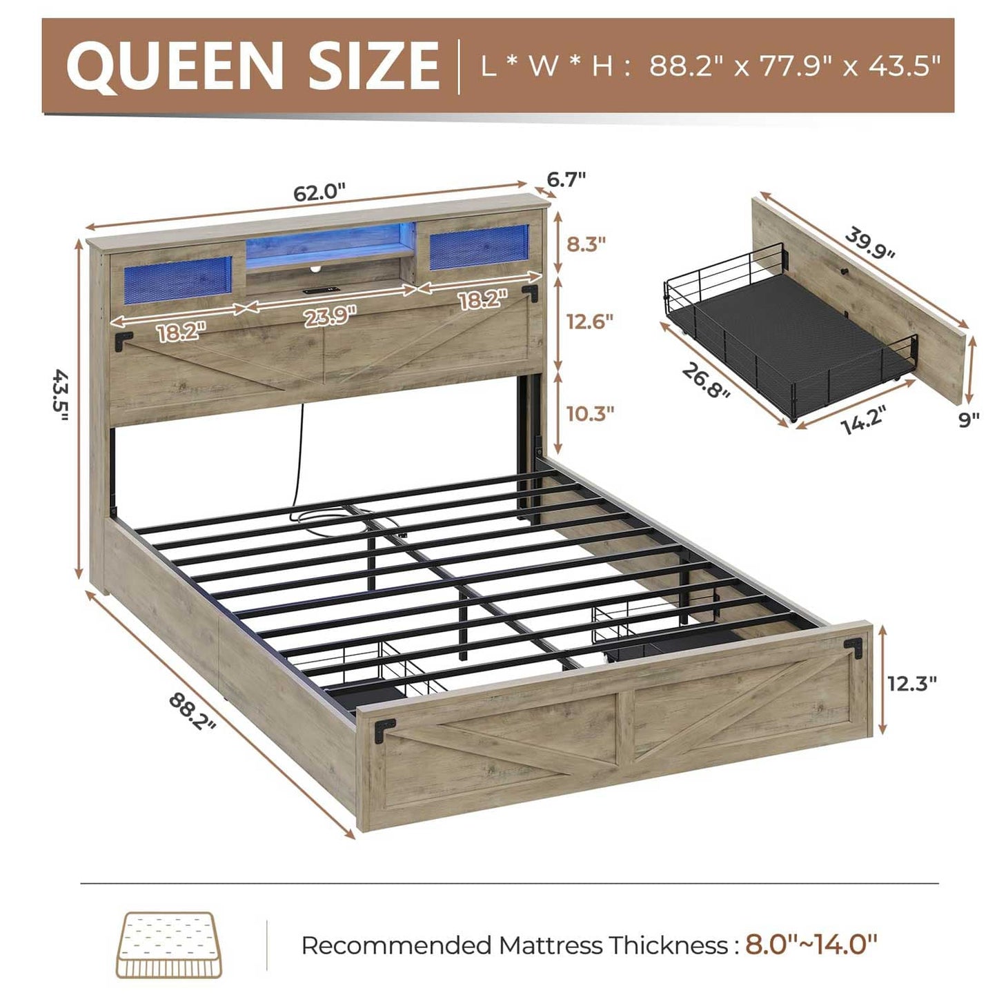 LED Bed Frame with 2 Under Bed Storage Drawers Rustic Oak