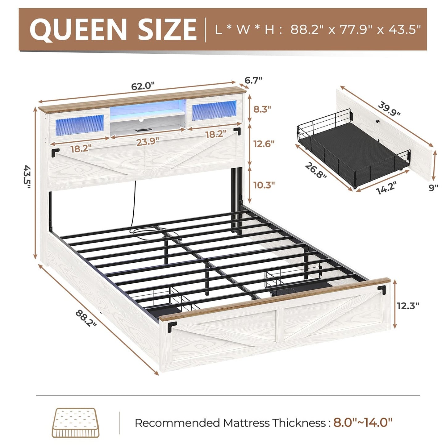 LED Bed Frame with 2 Under Bed Storage Drawers White