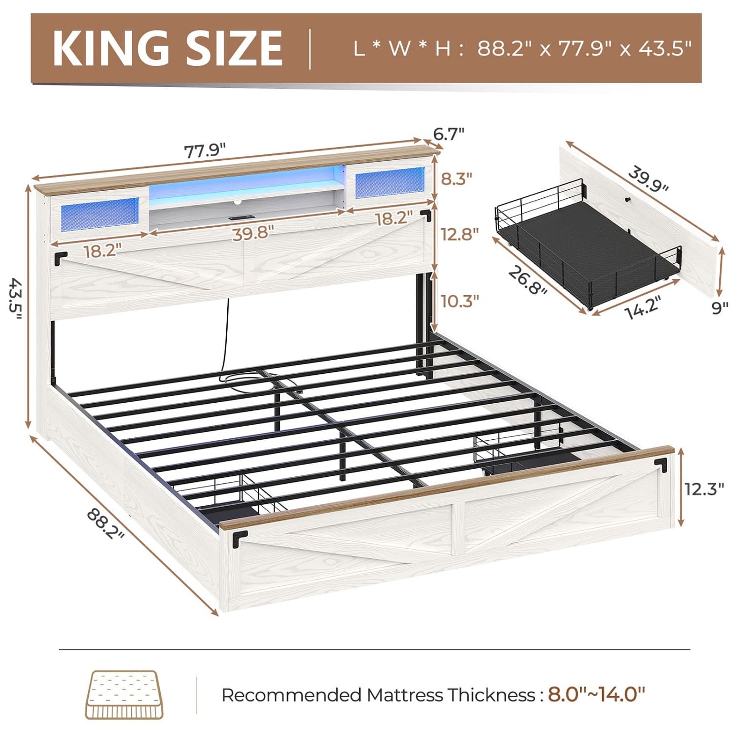 LED Bed Frame with 2 Under Bed Storage Drawers White