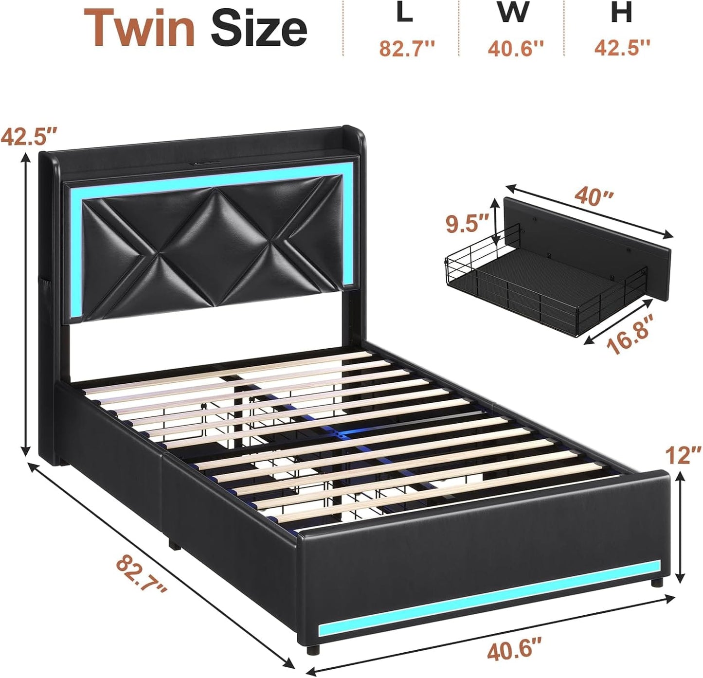 LED Upholstered Bed Frame with 4 Storage Drawers Black