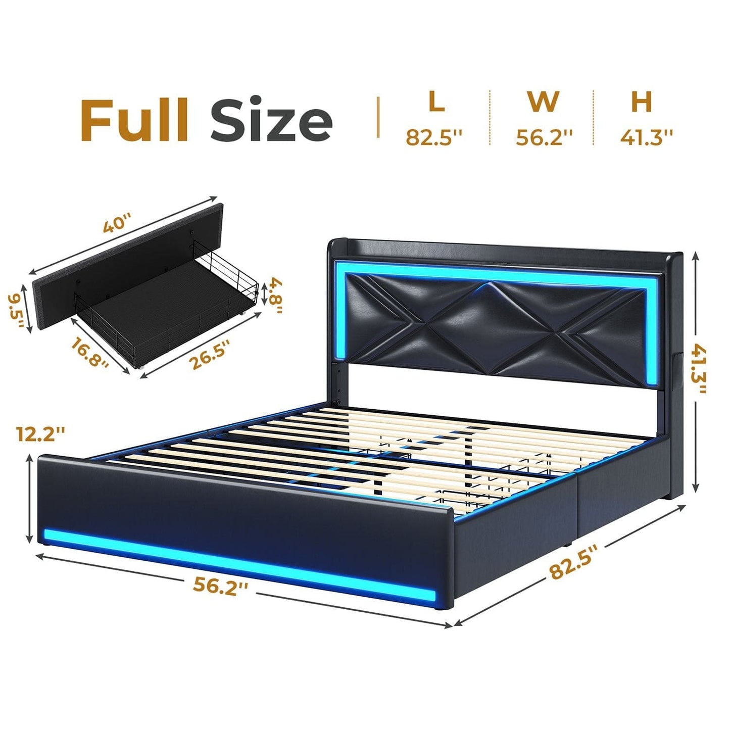 LED Upholstered Bed Frame with 4 Storage Drawers Black