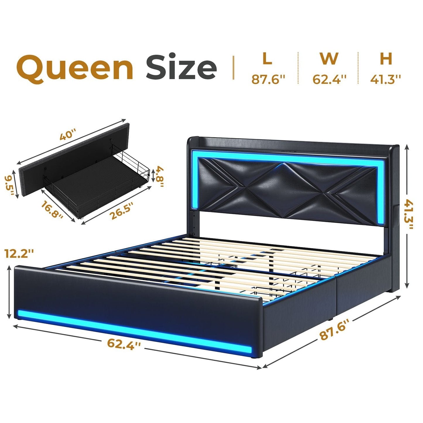 LED Upholstered Bed Frame with 4 Storage Drawers Black