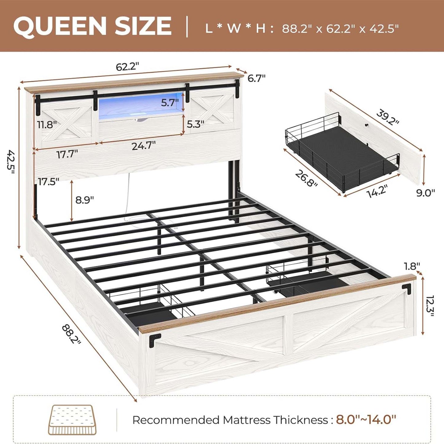LED Wooden Bed Frame with Storage Headboard White