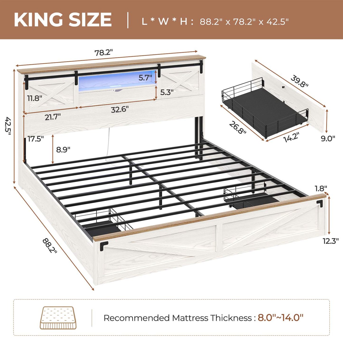 LED Wooden Bed Frame with Storage Headboard White