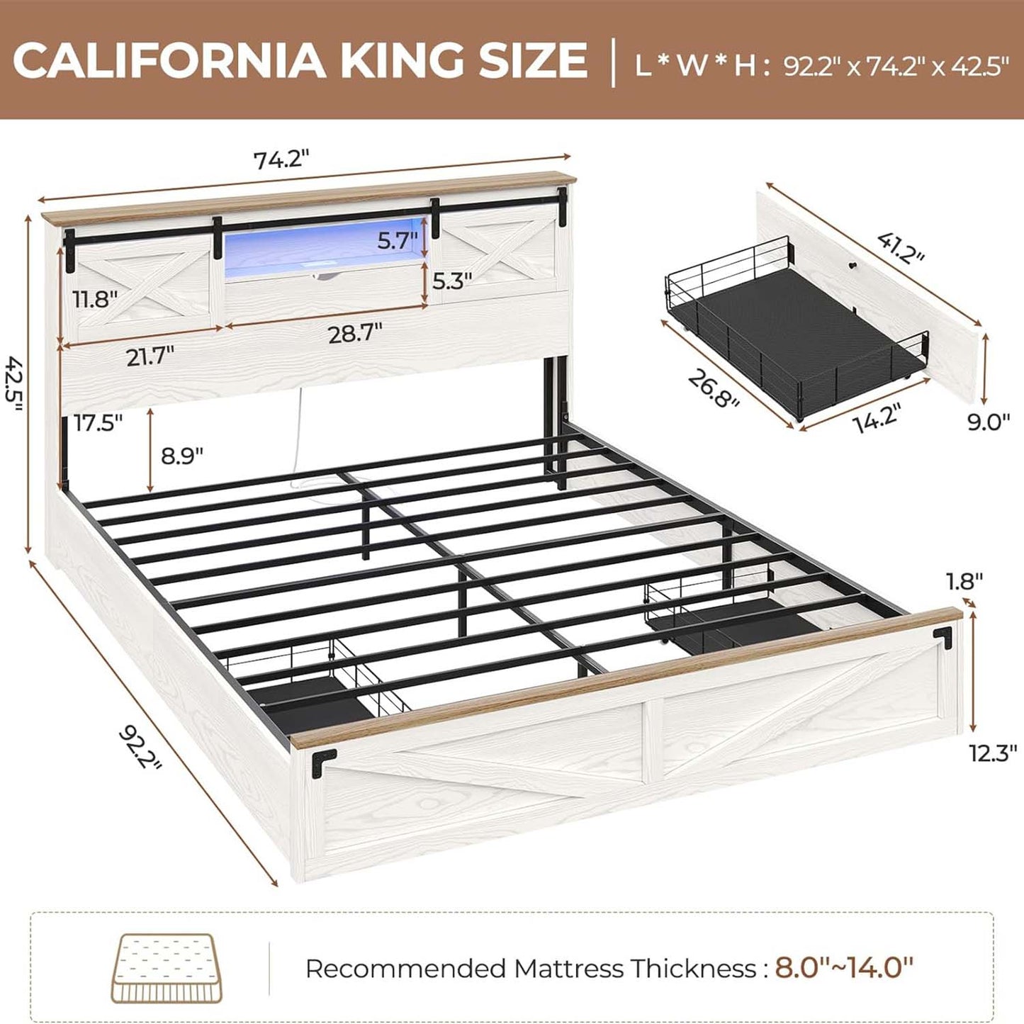 LED Wooden Bed Frame with Storage Headboard White