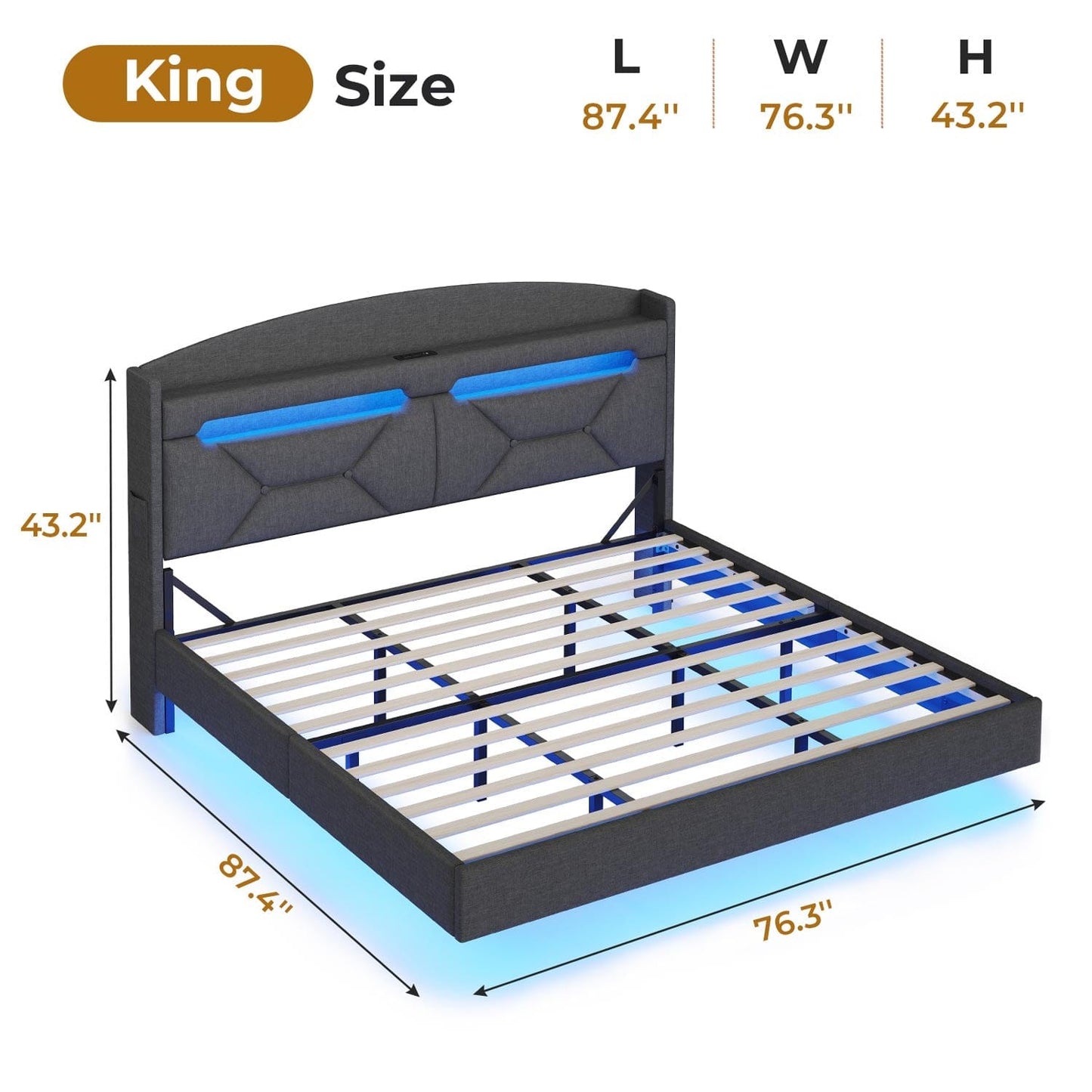 Linen LED Floating Bed Frame with Charging Station Dark Grey