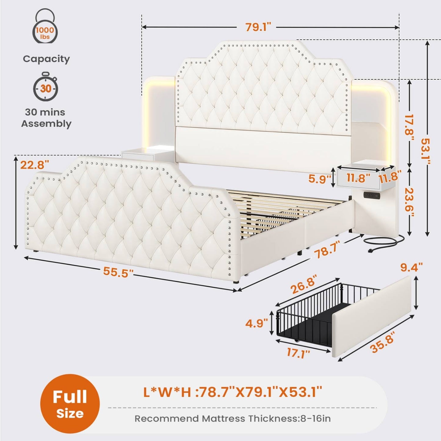 PU Leather Upholstered LED Bed Frame with 2 Nightstands White