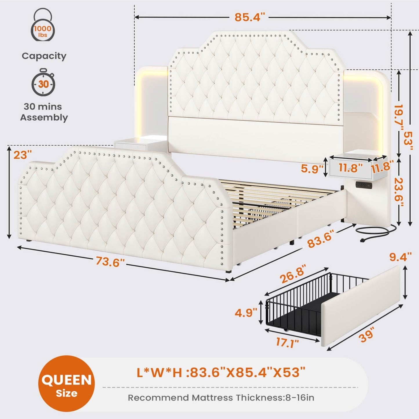 PU Leather Upholstered LED Bed Frame with 2 Nightstands White