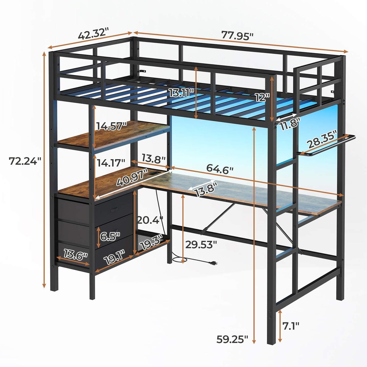 LED Metal Twin Size Loft Bed Frame with L Shaped Desk Black