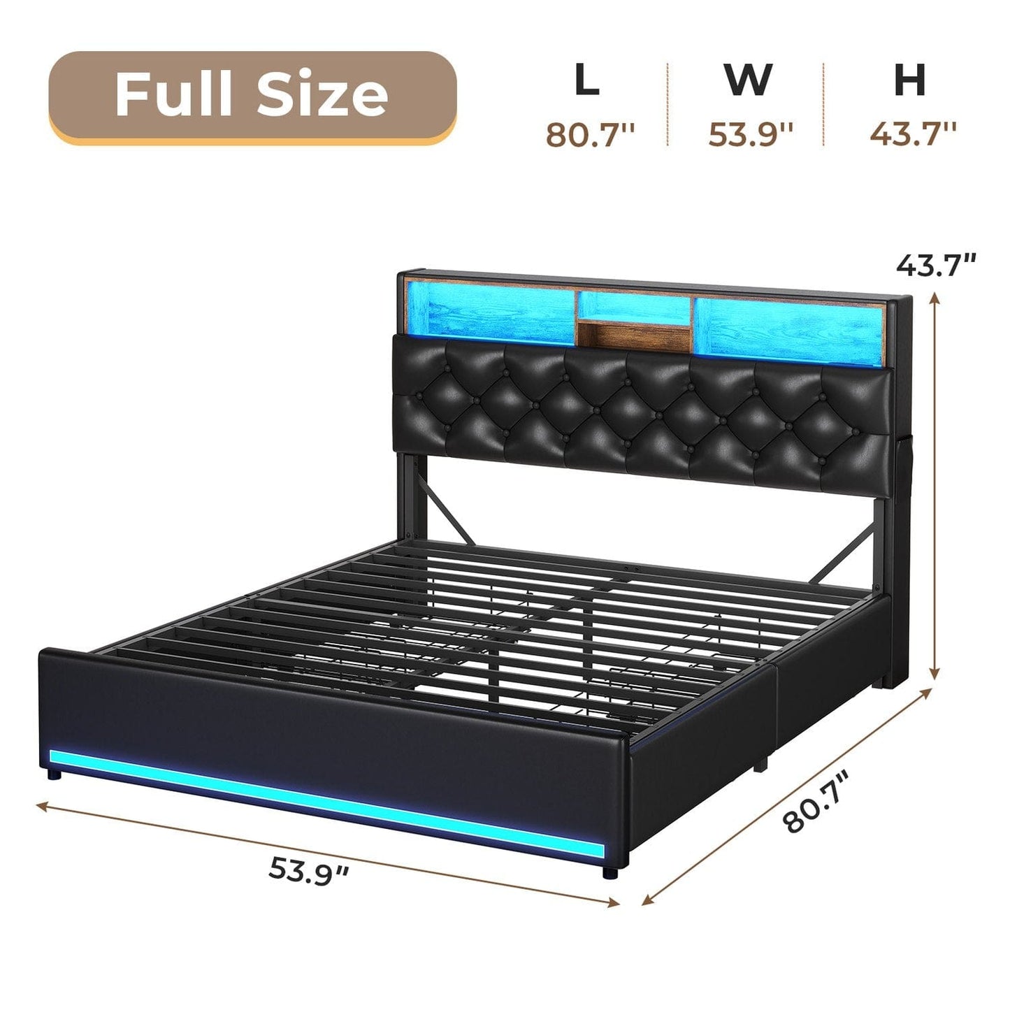 PU Leather Upholstered Bed Frame with LED Lights Black