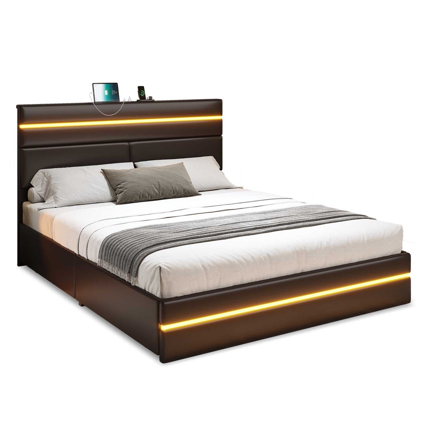 LED Bed Frame with Charging Station Black