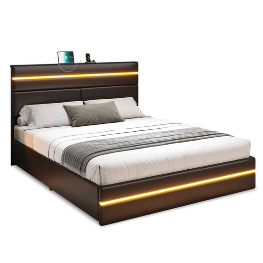 LED Bed Frame with Charging Station Black