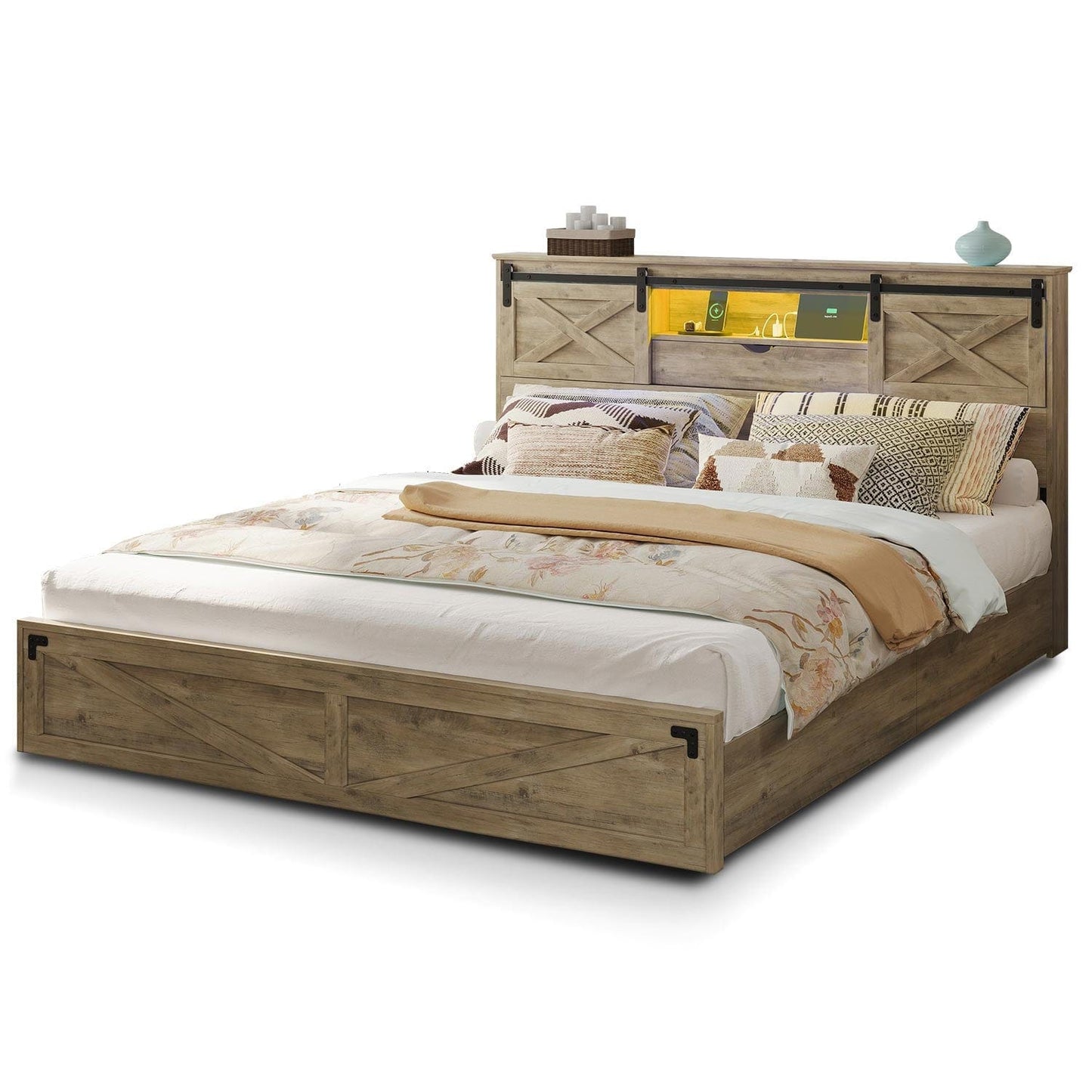 Bed Frame with LED Lights Rustic Oak