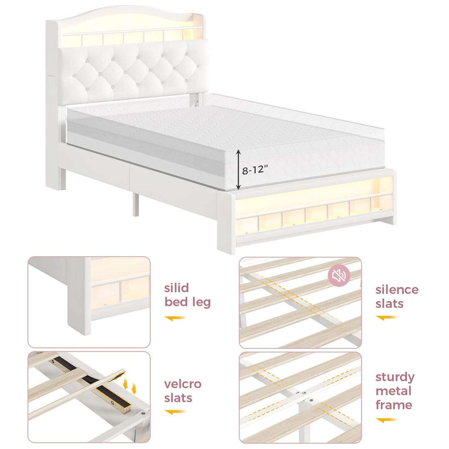 Twin Size Princess Velvet Upholstered LED Bed Frame Beige