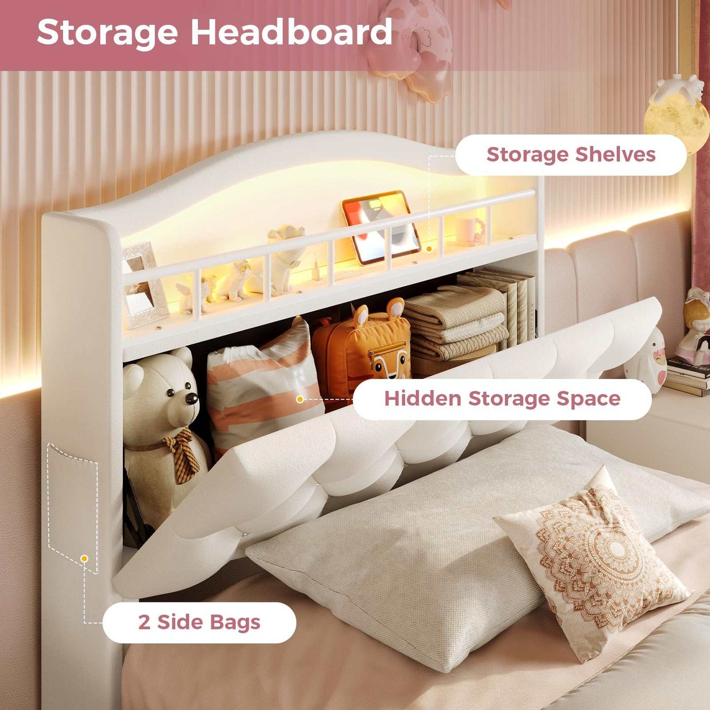 Twin Size Princess Velvet Upholstered LED Bed Frame Beige