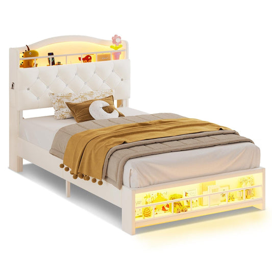 Twin Size Princess Velvet Upholstered LED Bed Frame Beige