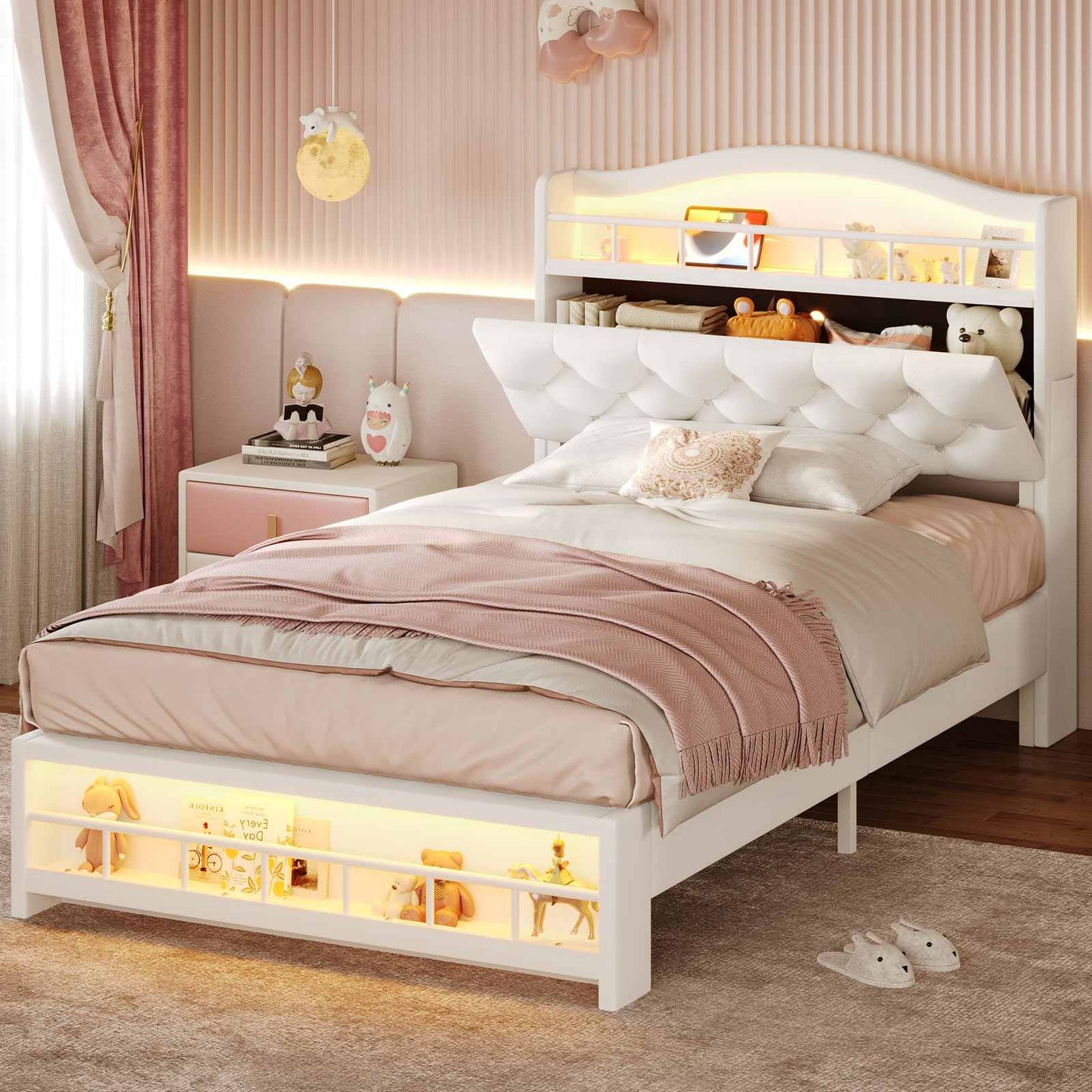 Twin Size Princess Velvet Upholstered LED Bed Frame Beige