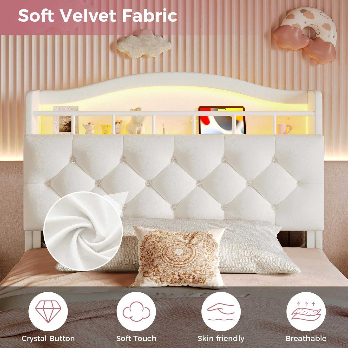 Twin Size Princess Velvet Upholstered LED Bed Frame Beige