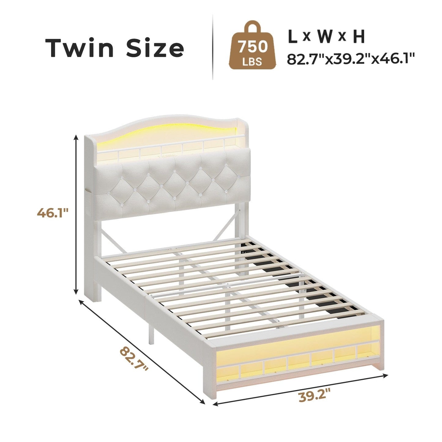 Twin Size Princess Velvet Upholstered LED Bed Frame Beige