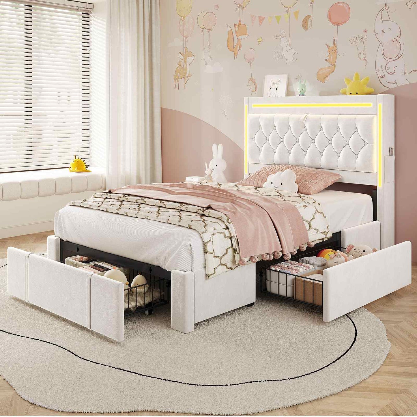 Twin Size Velvet Upholstered Bed Frame with 3 Drawers Beige