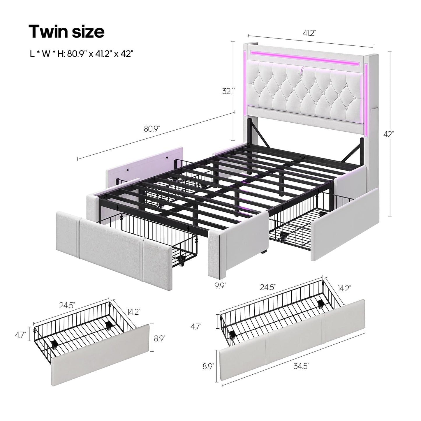 Twin Size Velvet Upholstered Bed Frame with 3 Drawers Beige