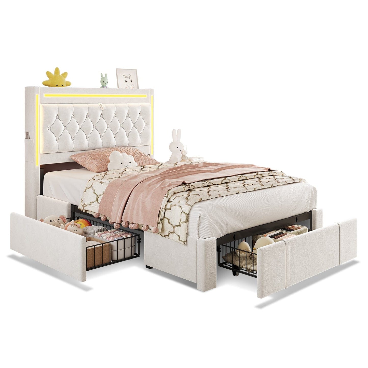 Twin Size Velvet Upholstered Bed Frame with 3 Drawers Beige