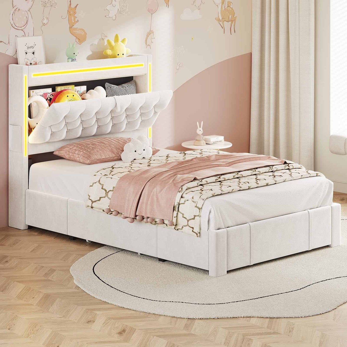 Twin Size Velvet Upholstered Bed Frame with 3 Drawers Beige