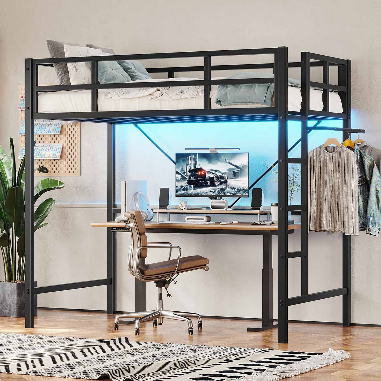 Metal Loft Bed Frame with LED Lights Black
