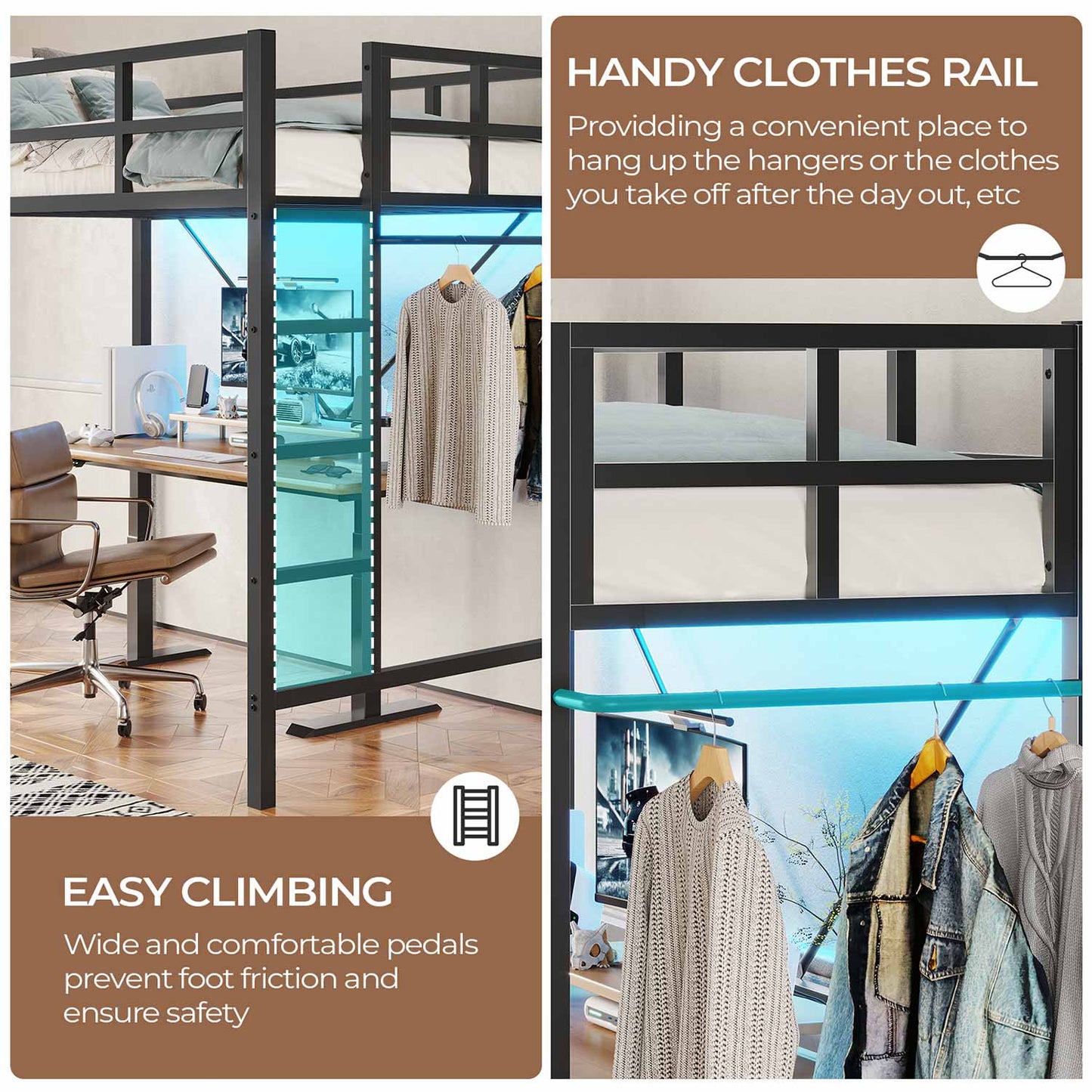 Metal Loft Bed Frame with LED Lights Black