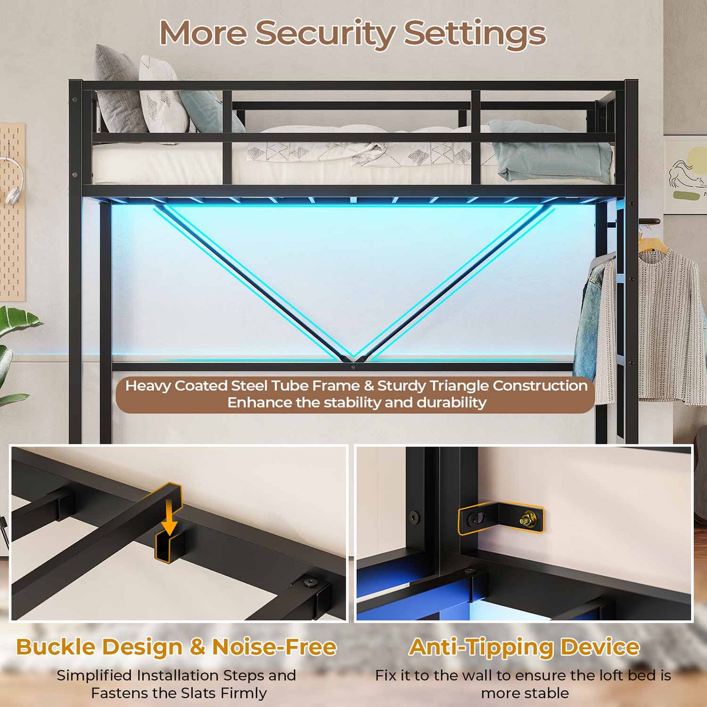 Metal Loft Bed Frame with LED Lights Black