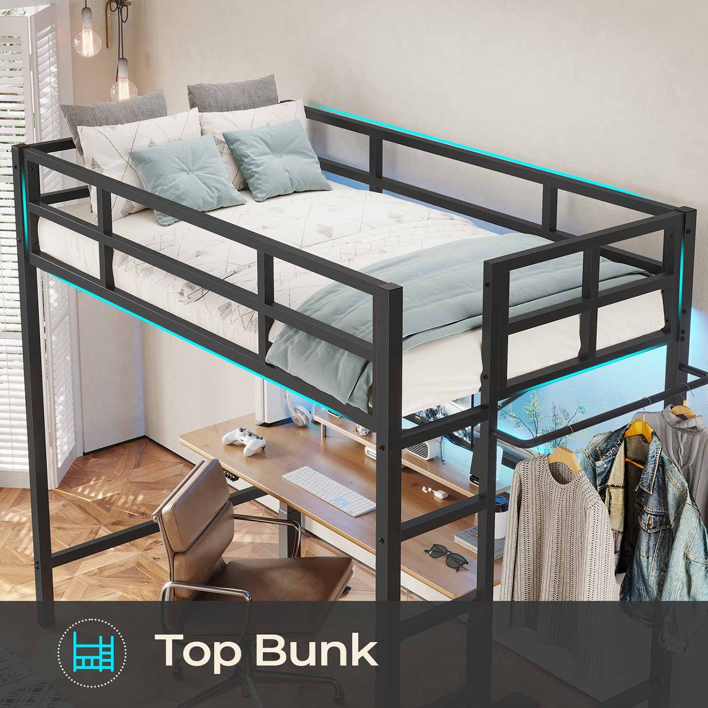 Metal Loft Bed Frame with LED Lights Black