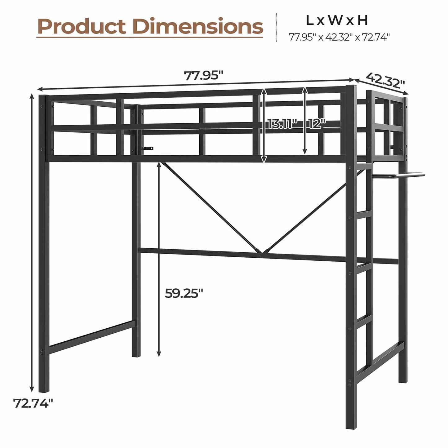 Metal Loft Bed Frame with LED Lights Black
