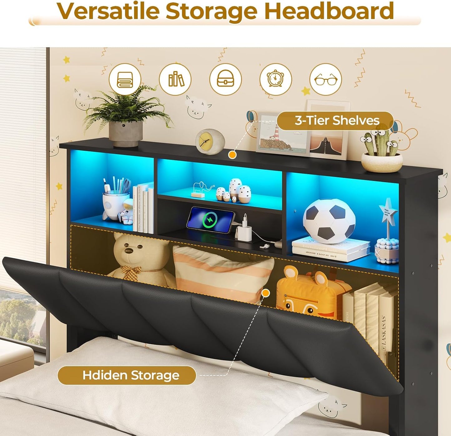 Twin Size Bed Frame with Bookcase Headboard and Charging Station Black
