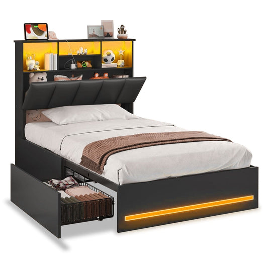 Twin Size Bed Frame with Bookcase Headboard and Charging Station Black
