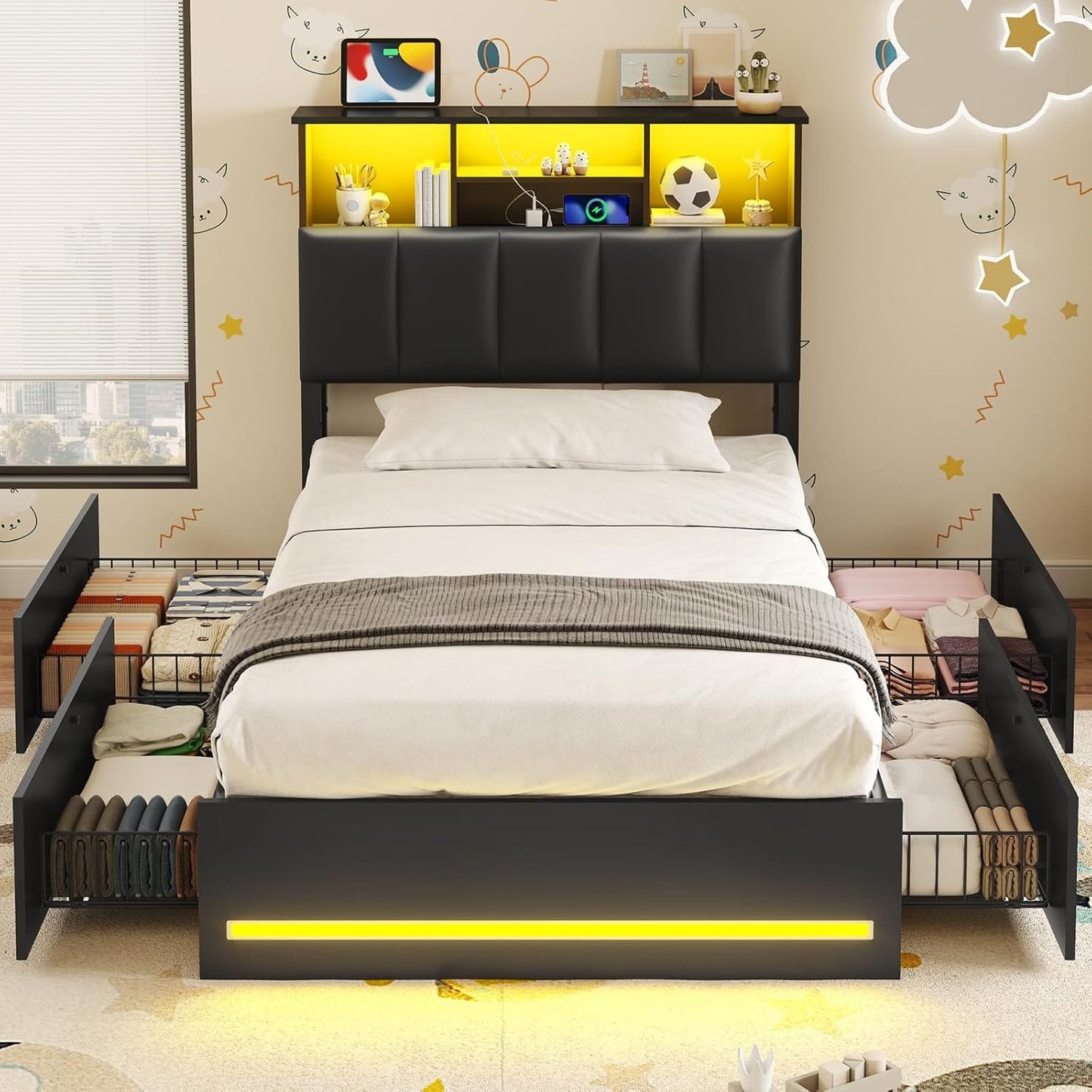 Twin Size Bed Frame with Bookcase Headboard and Charging Station Black