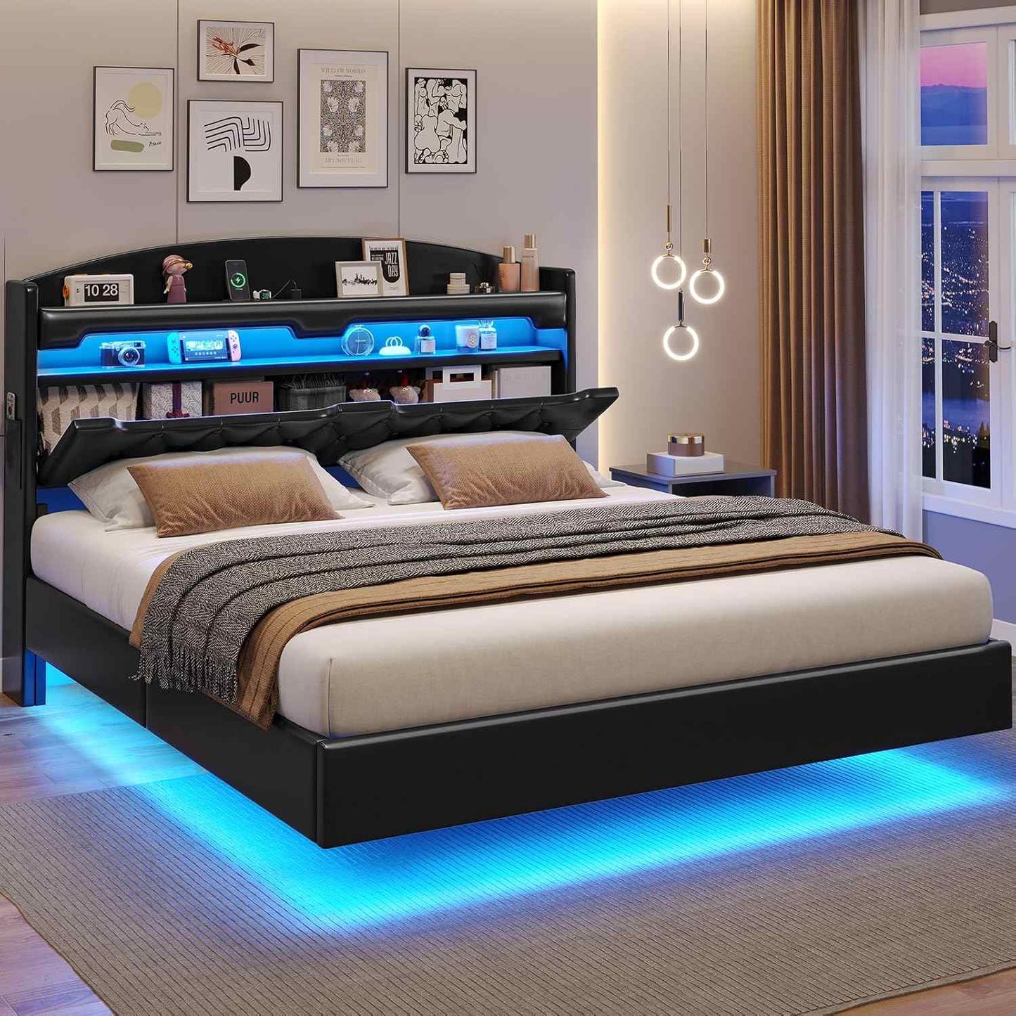 LED Floating PU Leather Upholstered Bed Frame Black